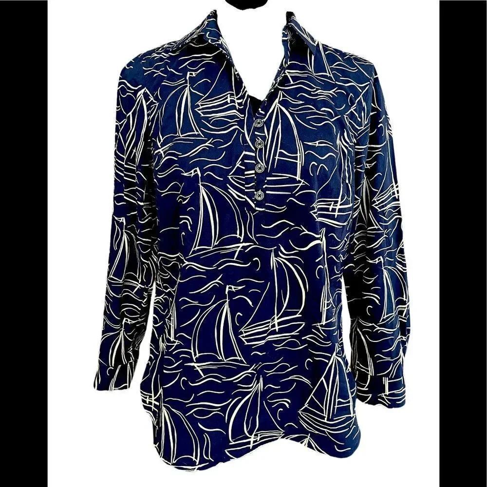 Talbots 100% cotton navy/cream patterned long sleeved blouse button front  SP.